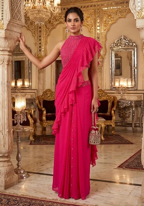 Dark Pink Embroidered Handwork Pre Draped Saree Set