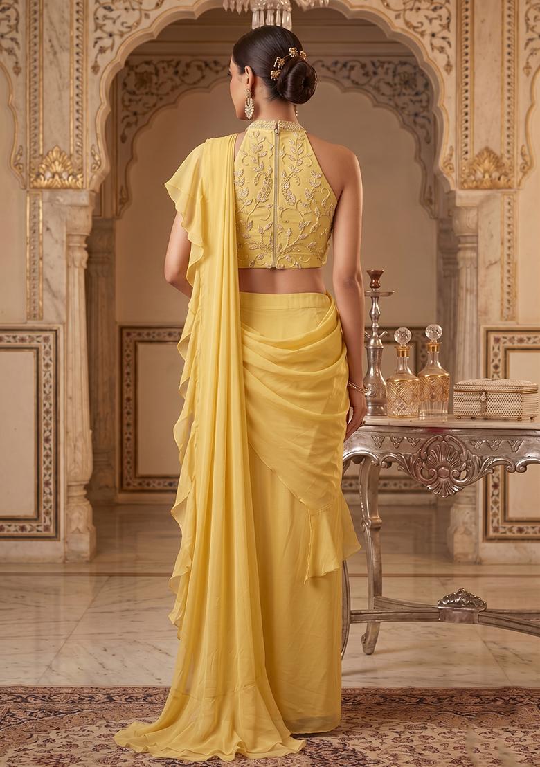 Yellow Embroidered Handwork Pre Draped Saree Set - Indya