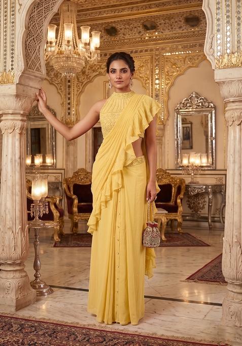 Yellow Embroidered Handwork Pre Draped Saree Set