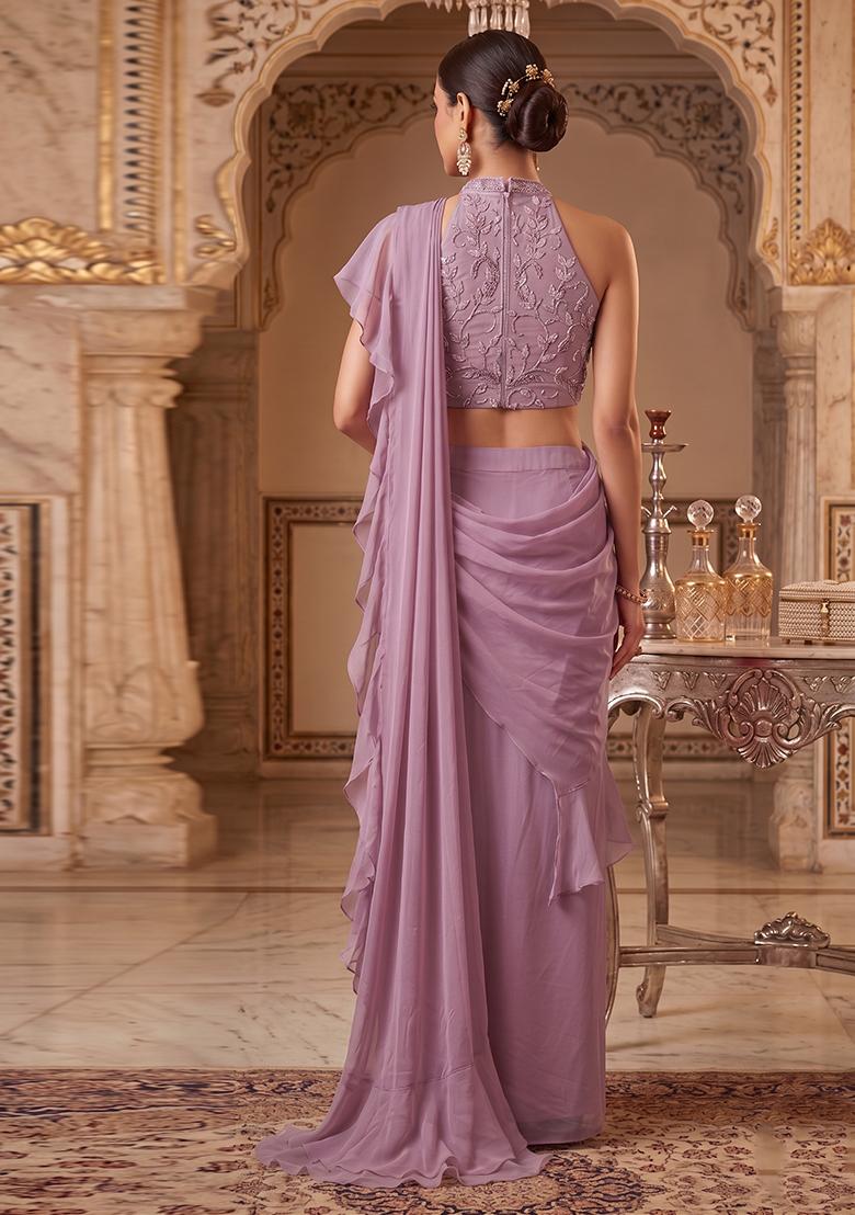 Lavender Embroidered Handwork Pre Draped Saree Set - Indya