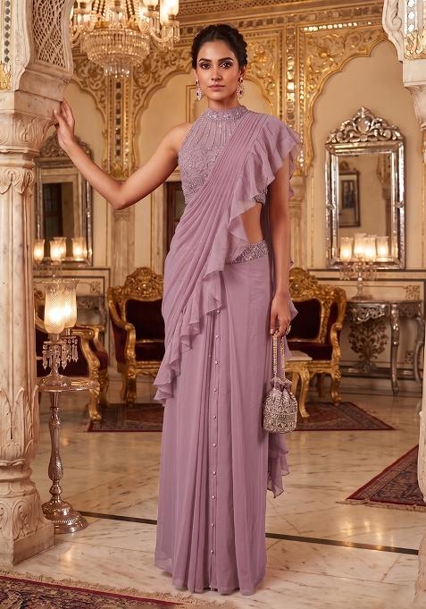 Lavender Embroidered Handwork Pre Draped Saree Set