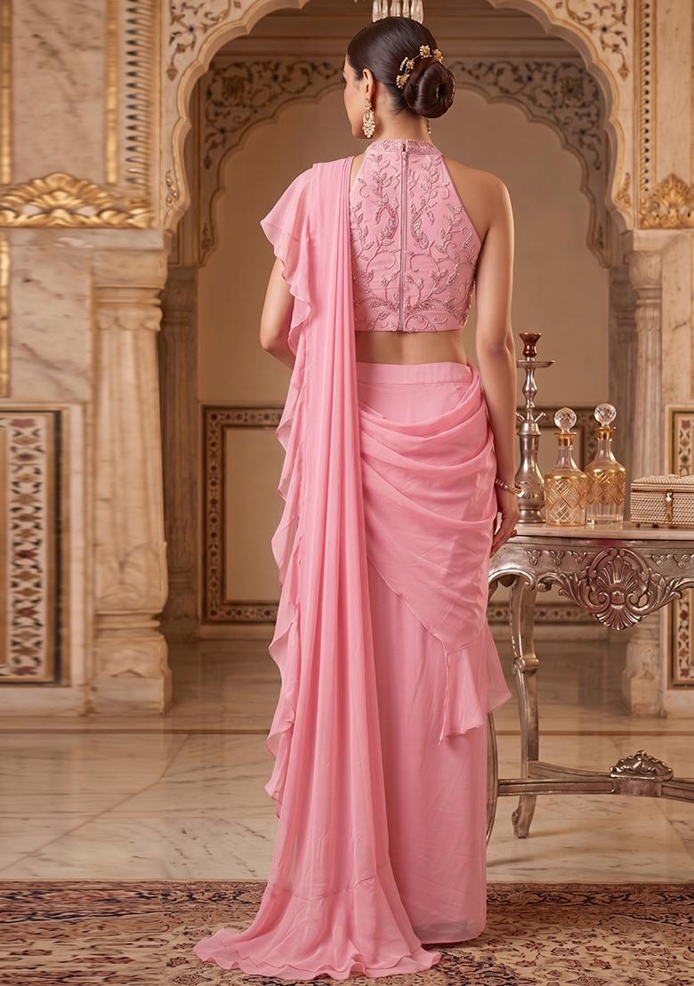 Light Pink Embroidered Handwork Pre Draped Saree Set - Indya