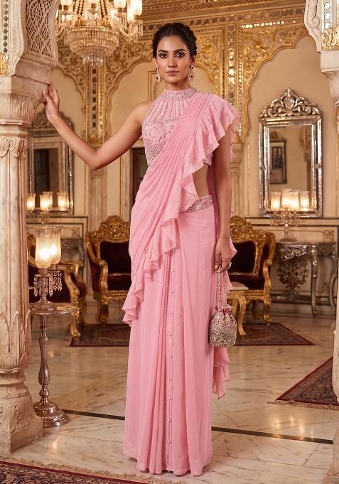 Light Pink Embroidered Handwork Pre Draped Saree Set