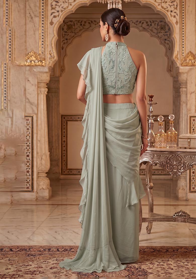 Sage Green Embroidered Handwork Pre Draped Saree Set - Indya