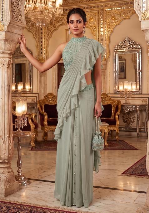 Sage Green Embroidered Handwork Pre Draped Saree Set