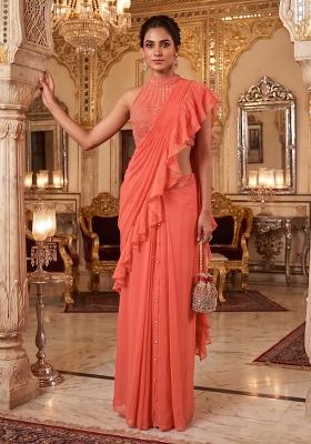 Peach Embroidered Handwork Pre Draped Saree Set