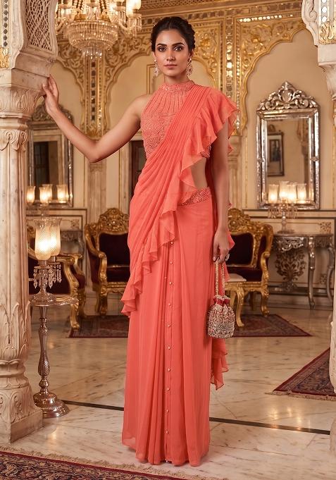 Peach Embroidered Handwork Pre Draped Saree Set