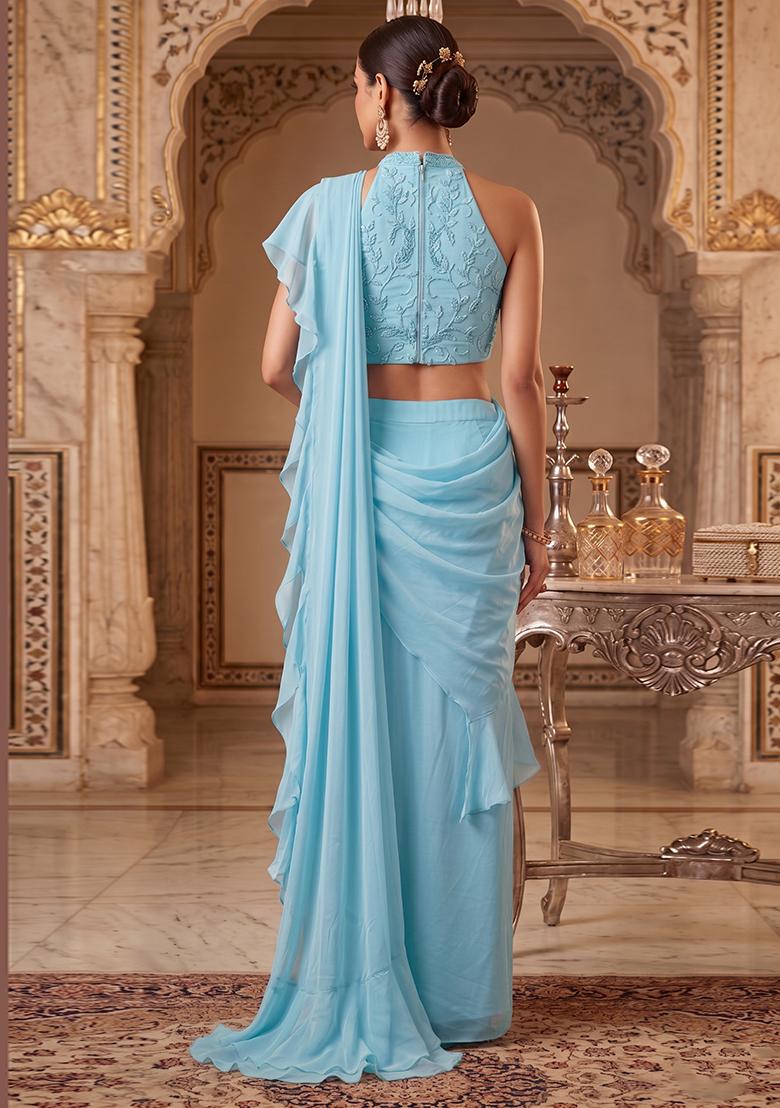 Blue Embroidered Handwork Pre Draped Saree Set - Indya