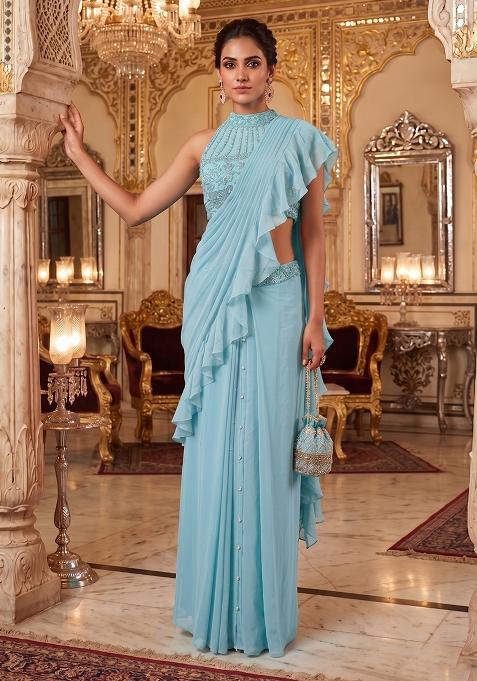 Blue Embroidered Handwork Pre Draped Saree Set