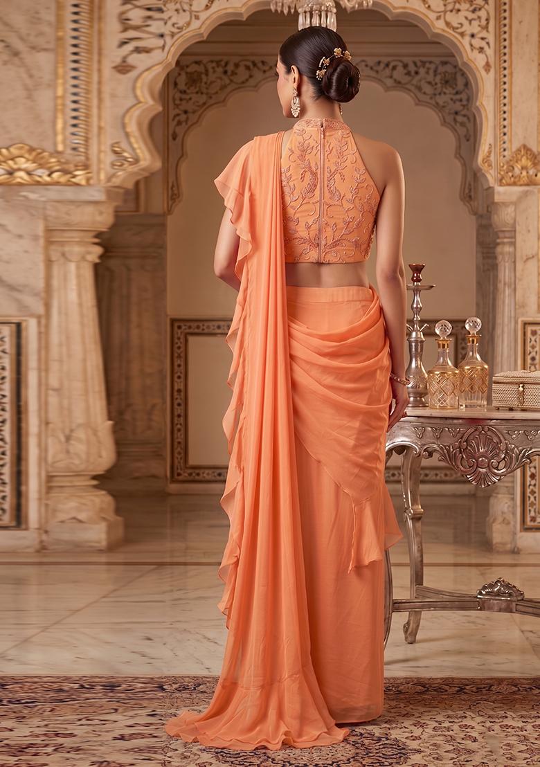 Orange Embroidered Handwork Pre Draped Saree Set - Indya