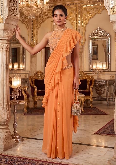 Orange Embroidered Handwork Pre Draped Saree Set