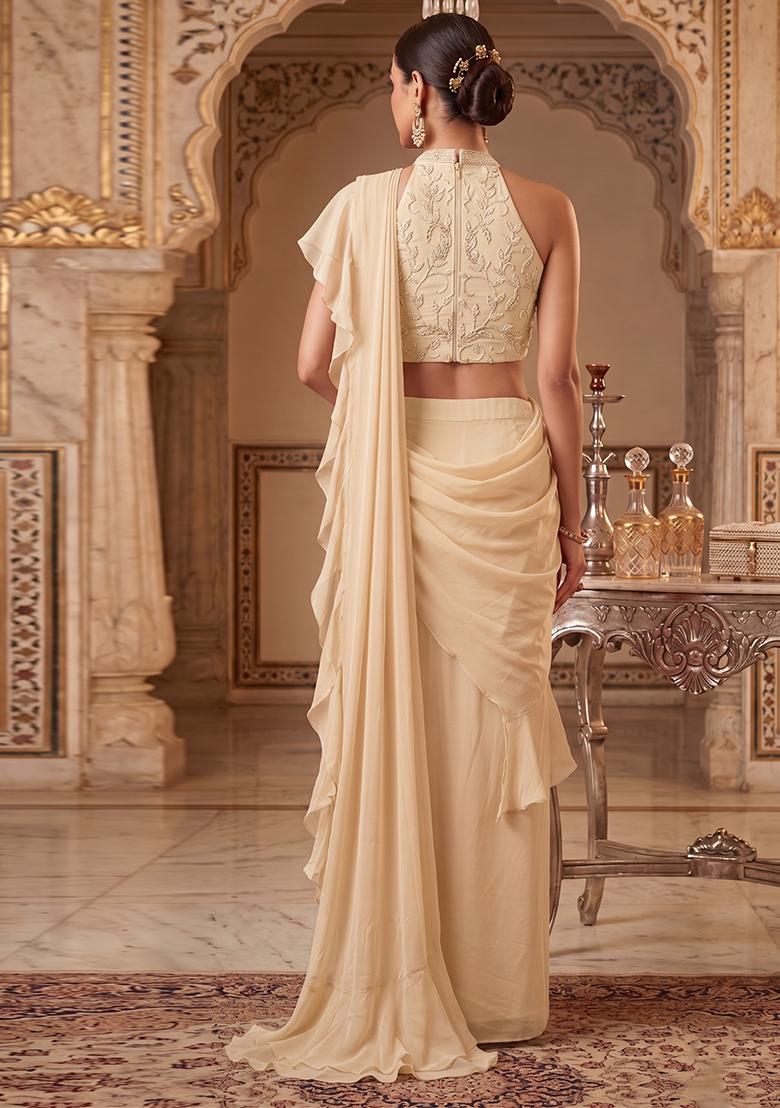 Beige Embroidered Handwork Pre Draped Saree Set - Indya