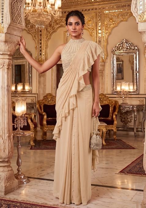 Beige Embroidered Handwork Pre Draped Saree Set