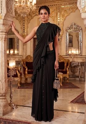 Black Embroidered Handwork Pre Draped Saree Set