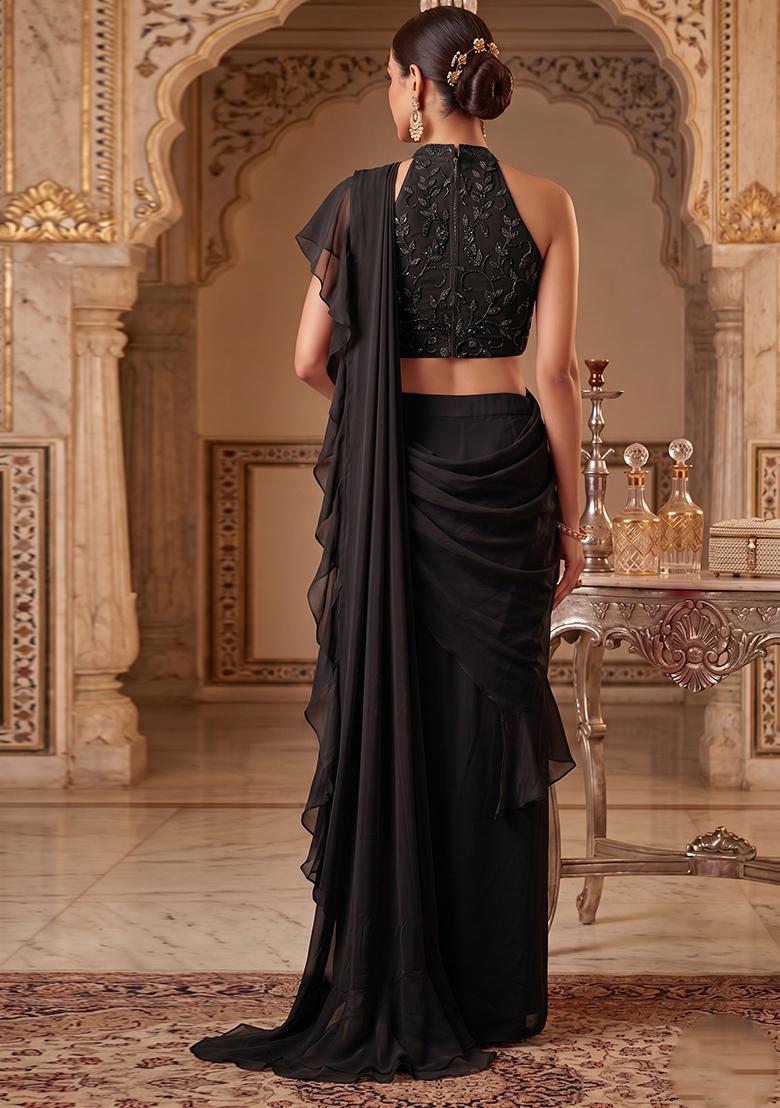 Black Embroidered Handwork Pre Draped Saree Set - Indya