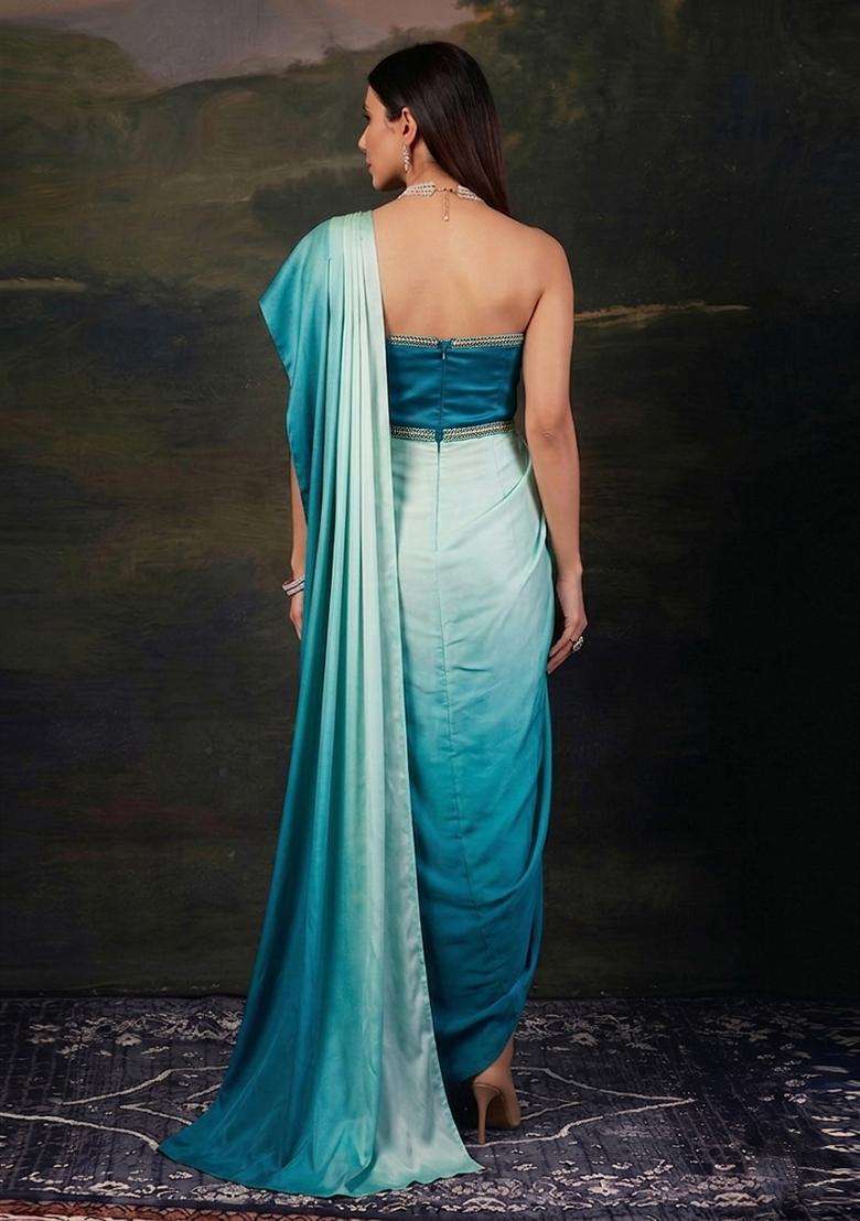 Yellow Satin Pre Draped Saree Set - Indya