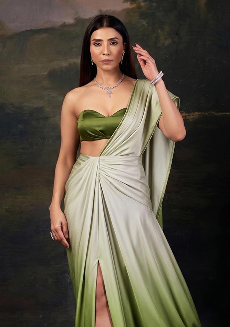 Green Satin Pre Draped Saree Set - Indya