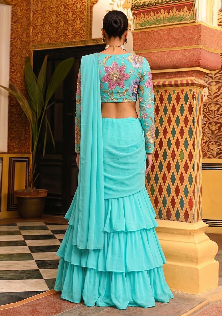 Turquoise Blue Embroidered Organza Pre Draped Saree Set - Indya