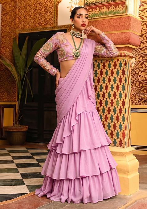 Pink Embroidered Organza Pre Draped Saree Set