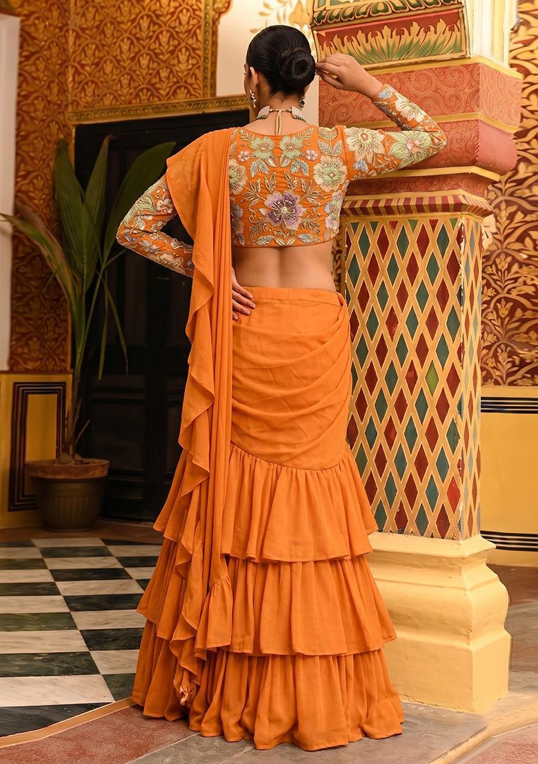Orange Embroidered Organza Pre Draped Saree Set - Indya
