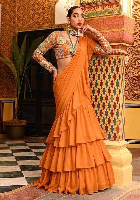 Orange Embroidered Organza Pre Draped Saree Set