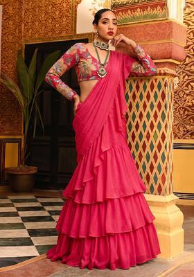 Crimson Red Embroidered Organza Pre Draped Saree Set