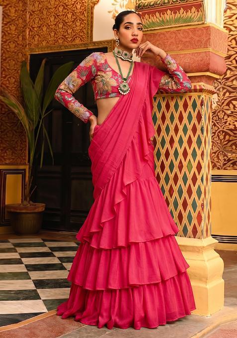 Crimson Red Embroidered Organza Pre Draped Saree Set