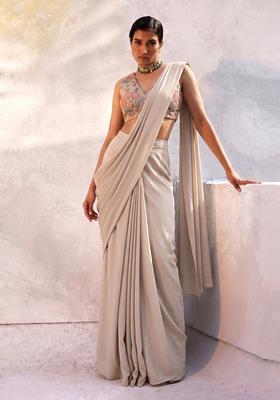 Soft Beige Embroidered Organza Pre Draped Saree Set
