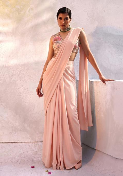 Peach Embroidered Organza Pre Draped Saree Set
