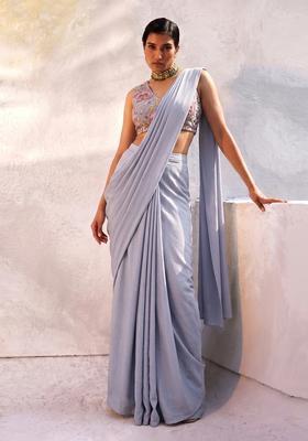 Pastel Blue Embroidered Organza Pre Draped Saree Set