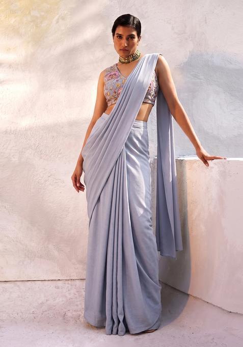 Pastel Blue Embroidered Organza Pre Draped Saree Set