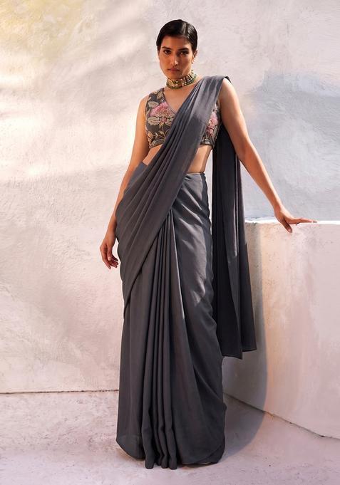 Black Embroidered Organza Pre Draped Saree Set