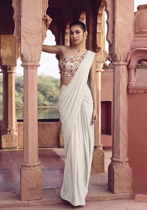Ivory Printed Crepe Pre Draped Saree Set
