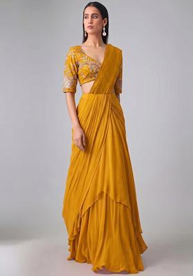 Mustard Yellow Printed Organza Pre Draped Saree Set