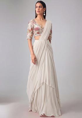 White Printed Organza Pre Draped Saree Set
