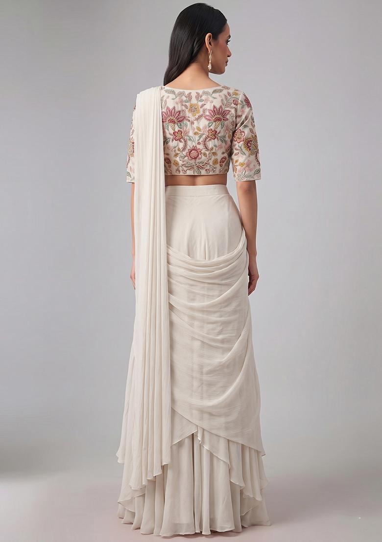 White Printed Organza Pre Draped Saree Set - Indya