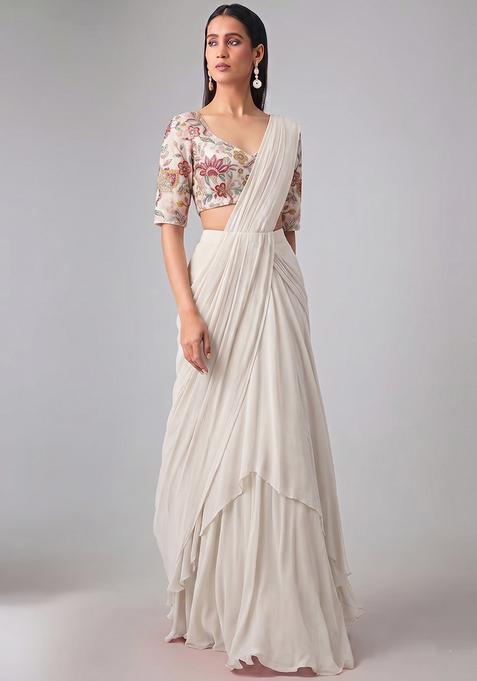 White Printed Organza Pre Draped Saree Set