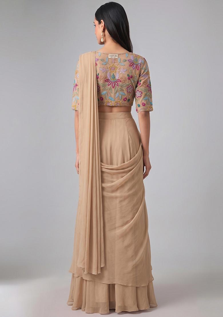 Beige Printed Organza Pre Draped Saree Set - Indya