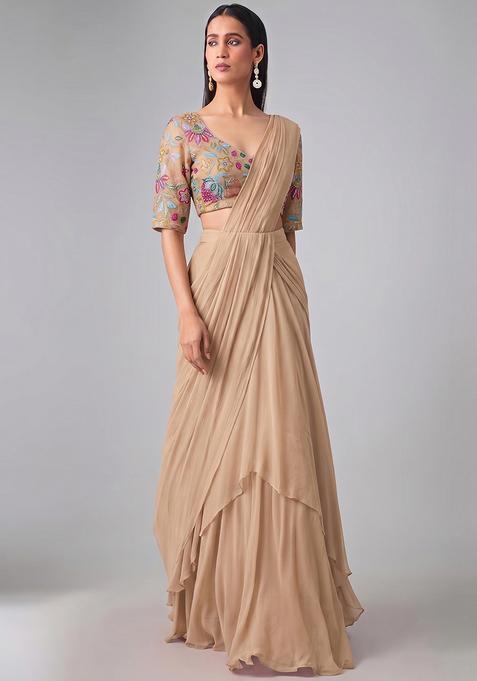 Beige Printed Organza Pre Draped Saree Set