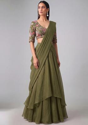 Olive Green Printed Organza Pre Draped Saree Set