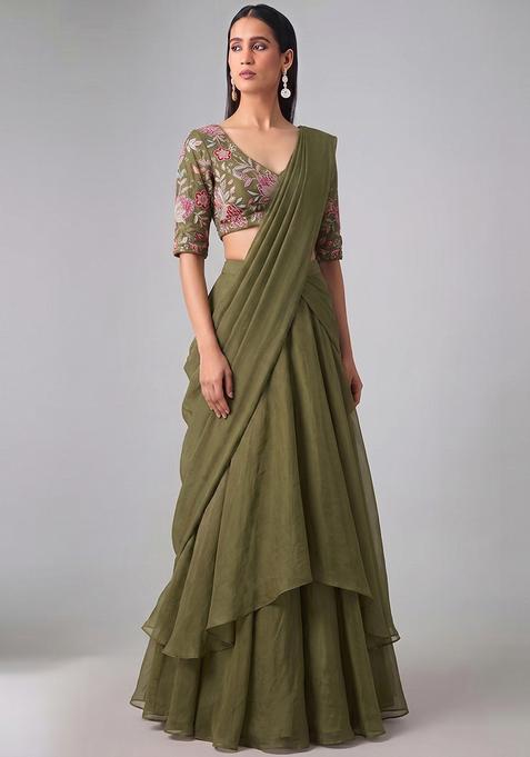 Olive Green Printed Organza Pre Draped Saree Set