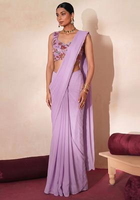 Lavender Embroidered Organza Pre Draped Saree Set