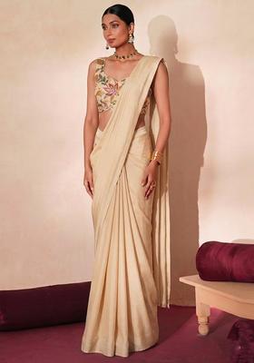 Beige Embroidered Organza Pre Draped Saree Set