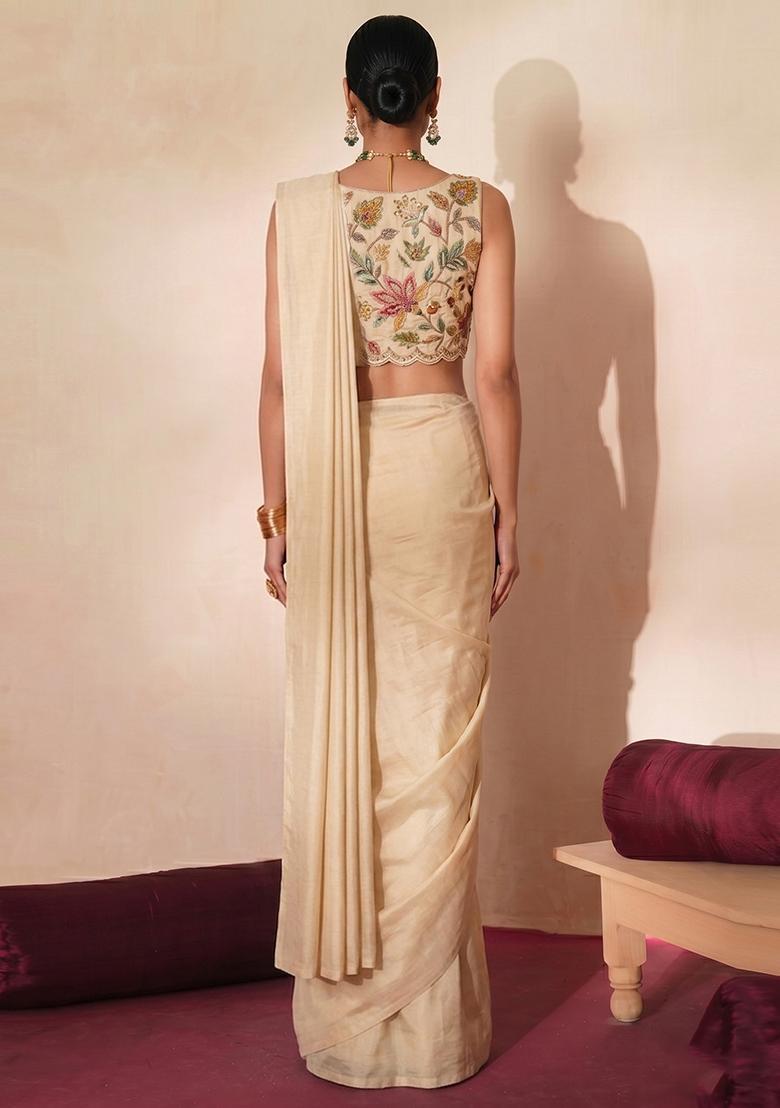 Beige Embroidered Organza Pre Draped Saree Set - Indya