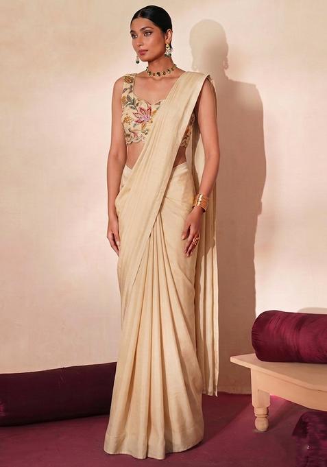 Beige Embroidered Organza Pre Draped Saree Set