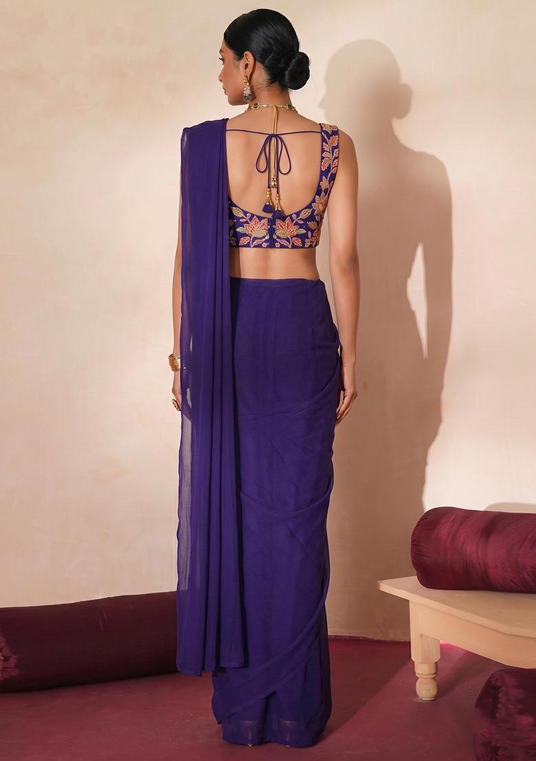 Purple Embroidered Organza Pre Draped Saree Set - Indya