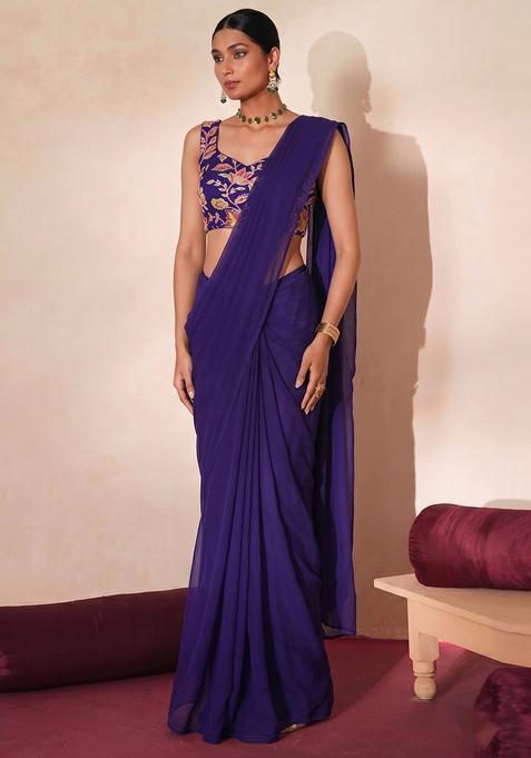 Purple Embroidered Organza Pre Draped Saree Set