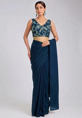 Navy Blue Printed Crepe Pre Draped Saree Set