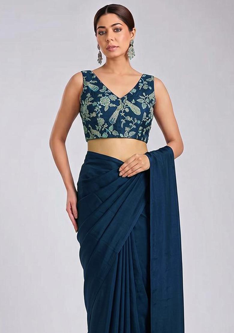 Navy Blue Printed Crepe Pre Draped Saree Set - Indya