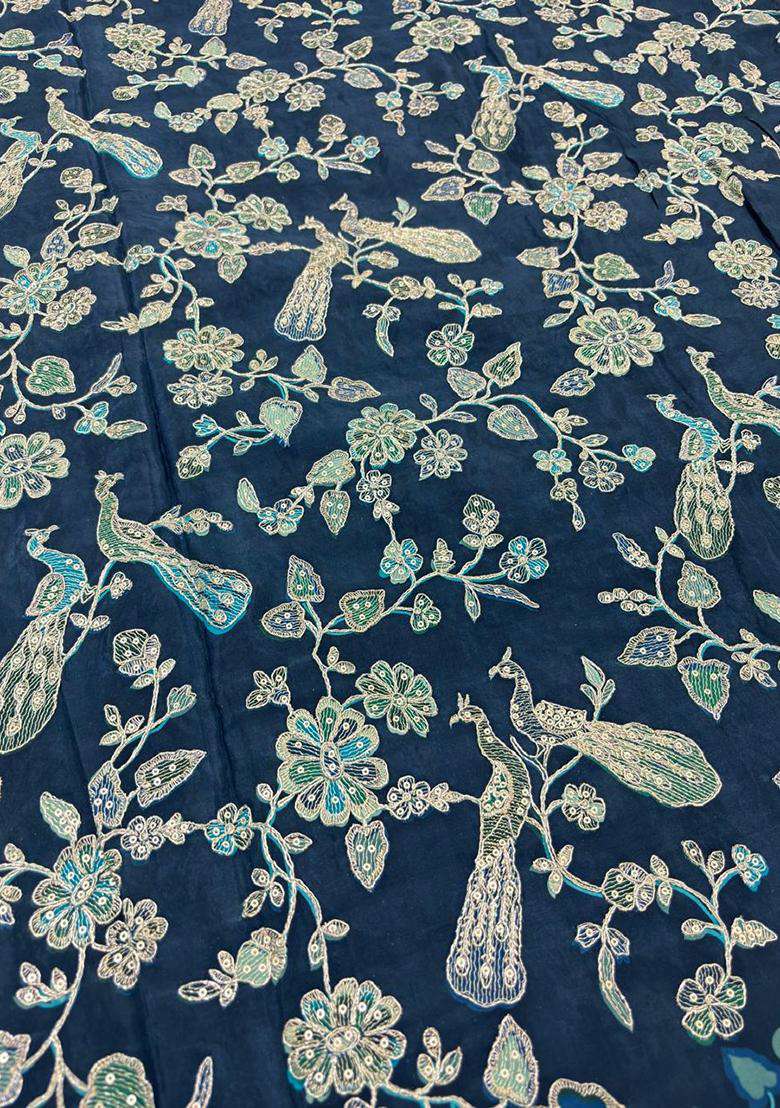 Navy Blue Printed Crepe Pre Draped Saree Set - Indya